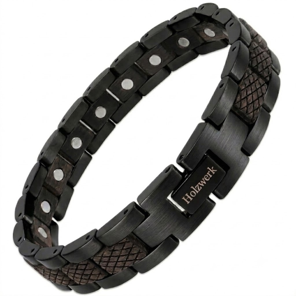 Holzwerk PARKSEE schwarzes Magnet Armband aus Ebonyholz und Edelstahl mit Gliederkonstruktion Frontansicht