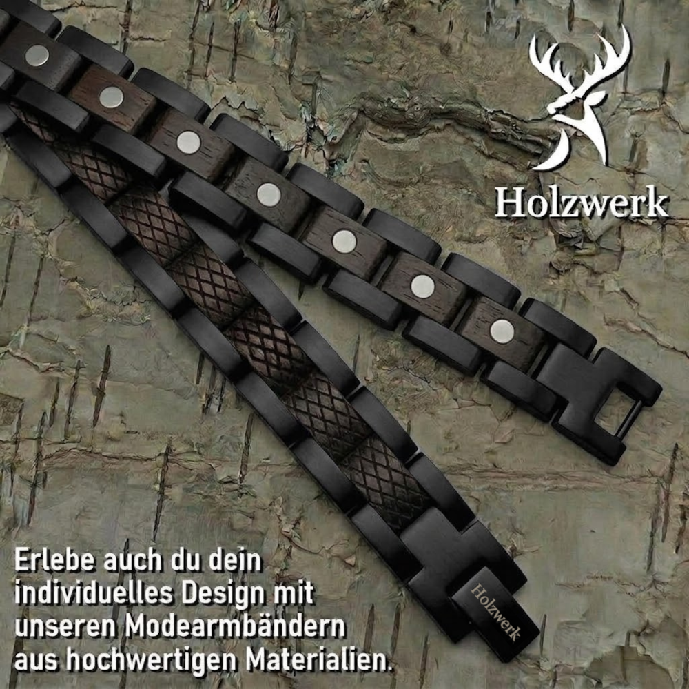 Holzwerk PARKSEE schwarzes Magnet Armband aus Ebonyholz und Edelstahl, Detailansicht der Gliederkonstruktion