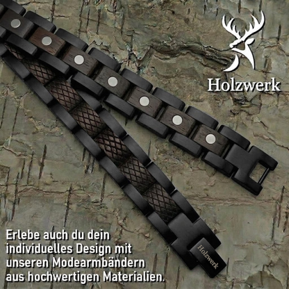 Holzwerk PARKSEE schwarzes Magnet Armband aus Ebonyholz und Edelstahl, Detailansicht der Gliederkonstruktion