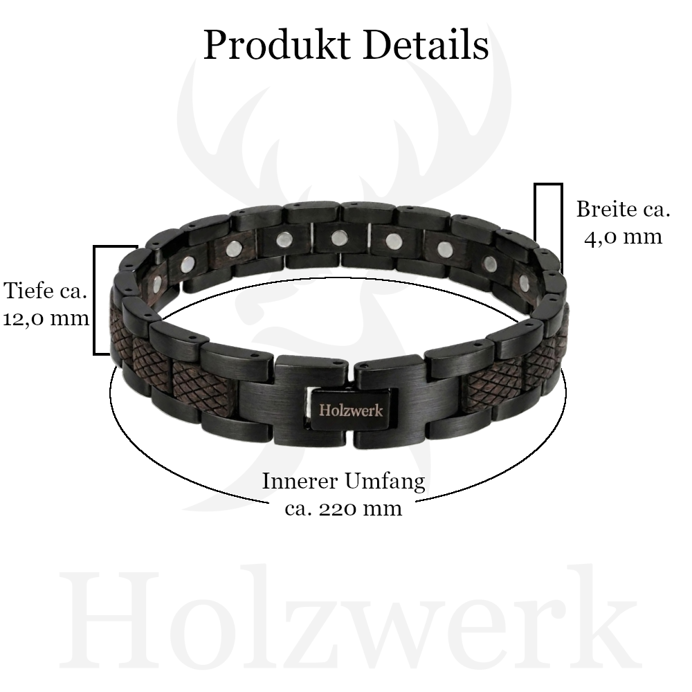 Holzwerk PARKSEE schwarzes Magnet Armband aus Ebonyholz und Edelstahl mit Maßangaben