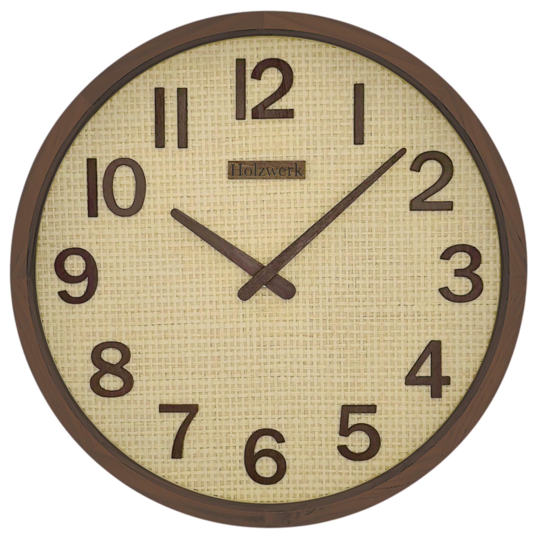 Holzwerk PENZBERG 30 cm Funk-Wanduhr mit Rattan-Design, beigem Zifferblatt und braunen Zeigern, Frontanansicht
