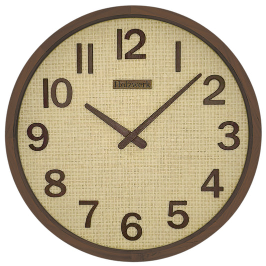Holzwerk PENZBERG 30 cm Funk-Wanduhr mit Rattan-Design, beigem Zifferblatt und braunen Zeigern, Frontanansicht