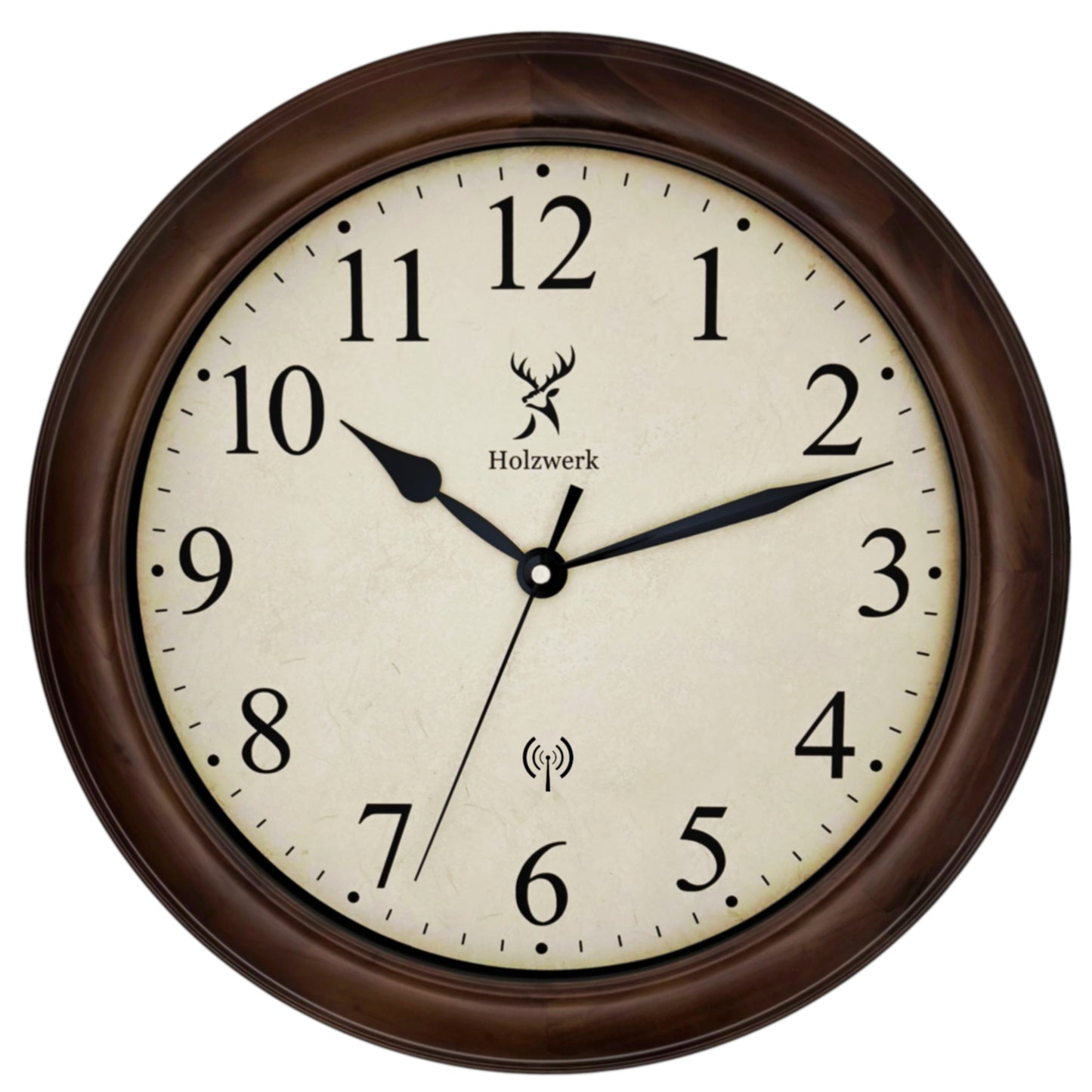 Holzwerk RADEBURG 35 cm Retro Funk-Wanduhr mit Frontansicht und metallischen Zeigern