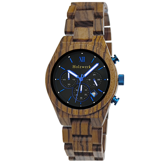 Holzwerk RHEINE Chronographen-Uhr aus Zebra-Holz mit drei Chronographen, Datumsanzeige und Holzarmband, frontal
