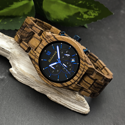 Holzwerk RHEINE Chronographen-Uhr aus Zebra-Holz mit drei Chronographen, Datumsanzeige und Holzarmband, Seitenlage links