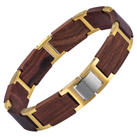 Holzwerk RIEDSEE Armband aus Sandelholz und Edelstahl in Braun und Gold mit Gliederdesign und Klappverschluss, Frontal
