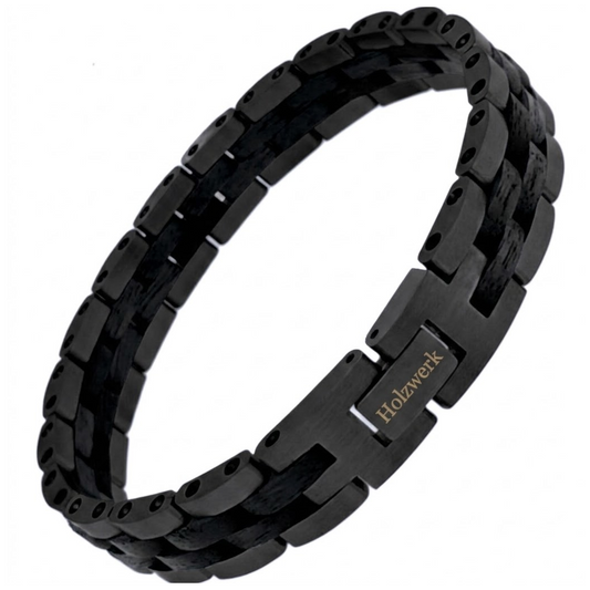 Holzwerk RIEGSEE Damen und Herren Holz & Edelstahl Armband aus Ebonyholz in schwarz, Schrägansicht mit Logo