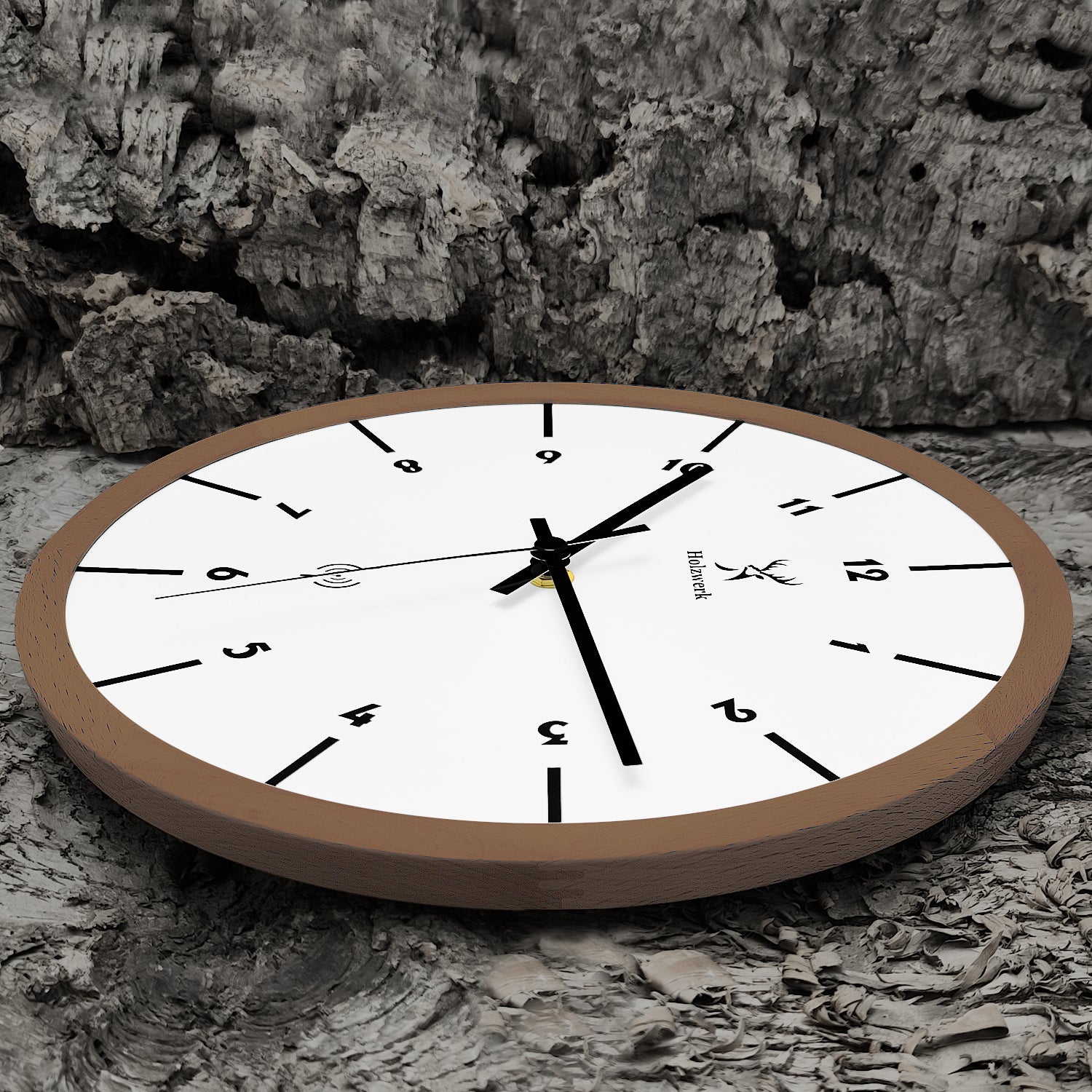 Holzwerk RIETBERG Holz Funkwanduhr, Wanduhr im skandinavischem Design, 32 cm Holz Funk Wand Uhr lautlos ohne Tick Geräusche, braun, weiß, rechts liegend