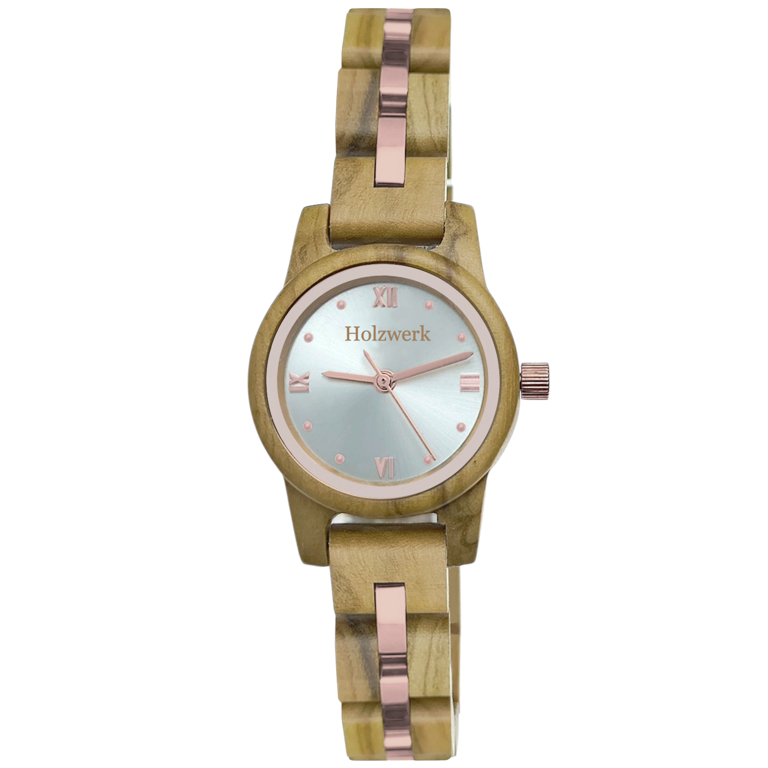 Holzwerk ROSENHEIM Damen Armbanduhr aus Olivenholz mit silber-roségoldenem Zifferblatt und römischen Ziffern, Frontansicht