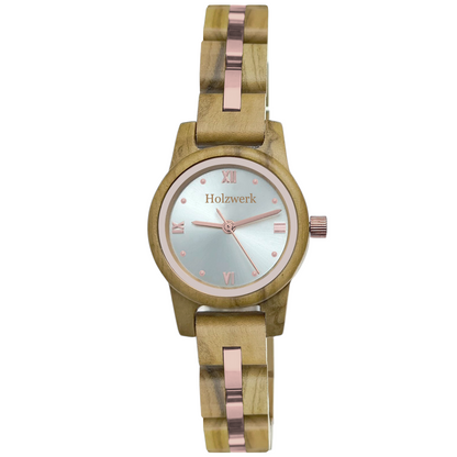 Holzwerk ROSENHEIM Damen Armbanduhr aus Olivenholz mit silber-roségoldenem Zifferblatt und römischen Ziffern, Frontansicht