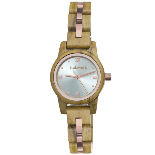 Holzwerk ROSENHEIM Damen Armbanduhr aus Olivenholz mit silber-roségoldenem Zifferblatt und römischen Ziffern, Frontansicht