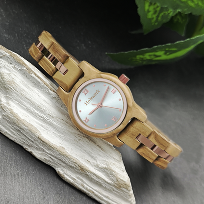 Holzwerk ROSENHEIM Damen Armbanduhr aus Olivenholz mit silber-roségoldenem Zifferblatt und römischen Ziffern, Seitenlage 