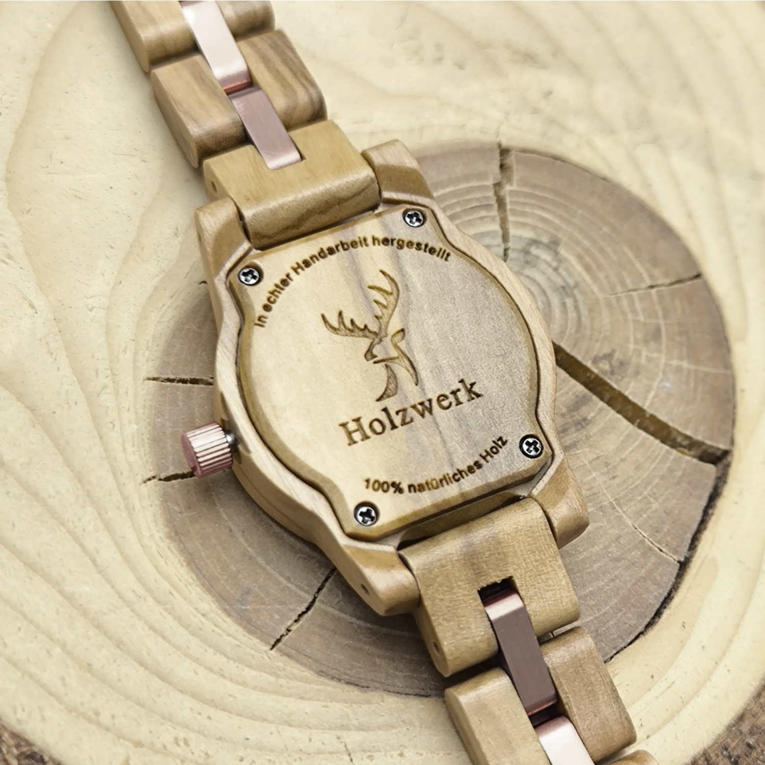 Holzwerk ROSENHEIM Damen Armbanduhr aus Olivenholz mit silber-roségoldenem Zifferblatt, Detailansicht des Gehäusebodens