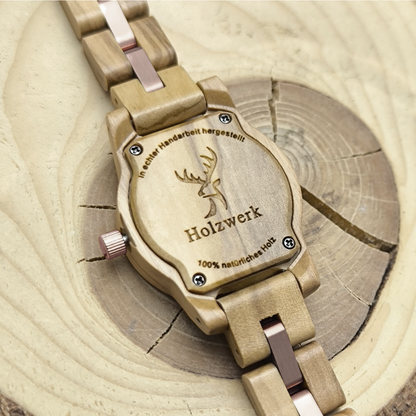 Holzwerk ROSENHEIM Damen Armbanduhr aus Olivenholz mit silber-roségoldenem Zifferblatt, Detailansicht des Gehäusebodens