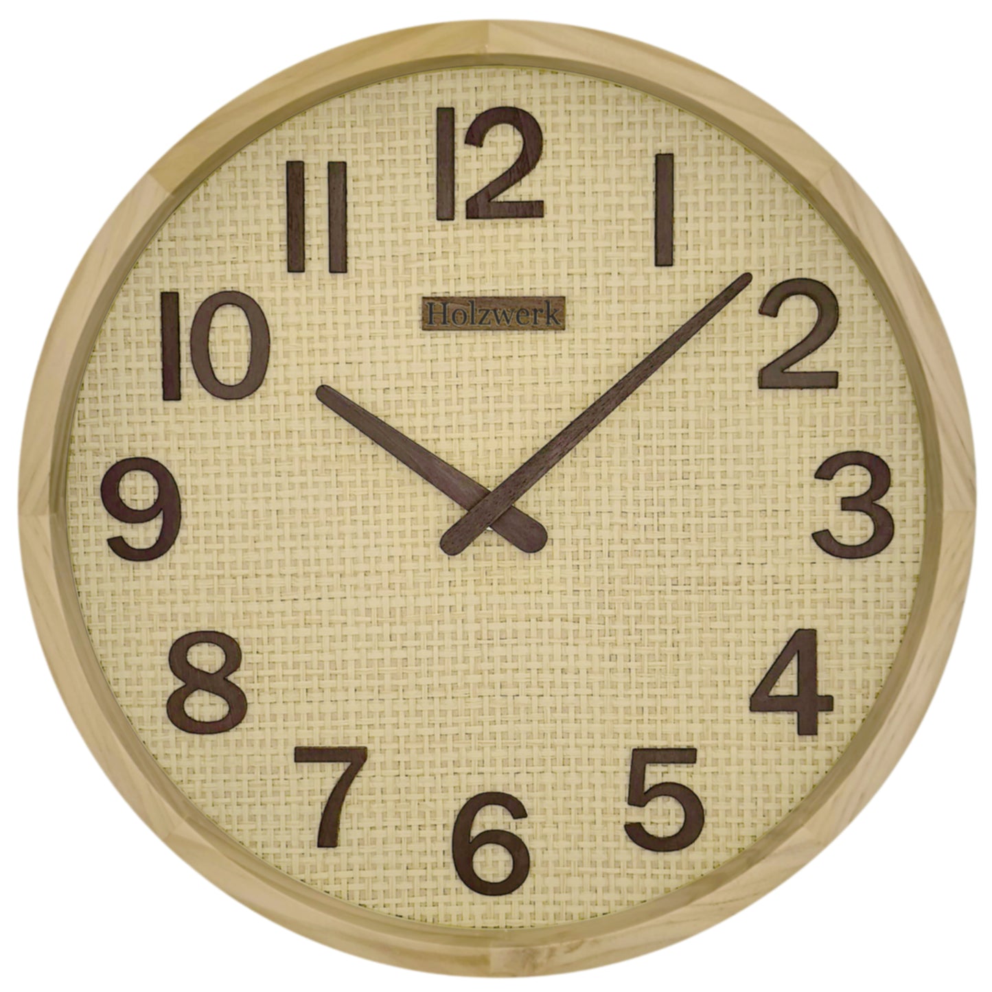 Holzwerk SAARBURG 30 cm Quarz-Wanduhr mit Rattan Design, beigem Zifferblatt und braunen Zeigern, Frontanansicht