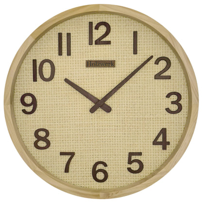 Holzwerk SAARBURG 30 cm Funk-Wanduhr aus Vollholz mit beigem Zifferblatt und braunen Zeigern, Frontanansicht