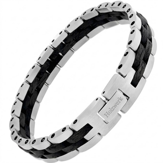 Holzwerk SANDASEE silber-schwarzes Holz Armband aus Ebonyholz und Edelstahl mit Gliederkonstruktion Schrägansicht