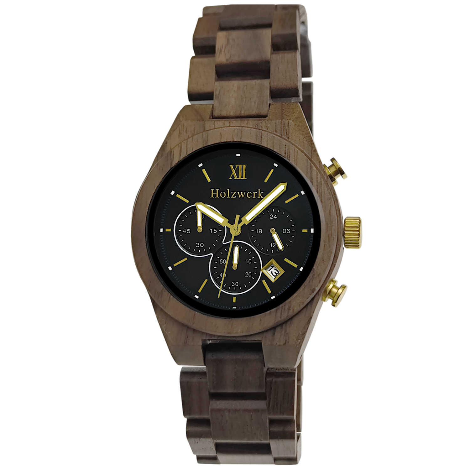 Holzwerk SASSNITZ Chronographen-Uhr aus Walnuss-Holz mit Chronographen und Datumsanzeige, Frontansicht