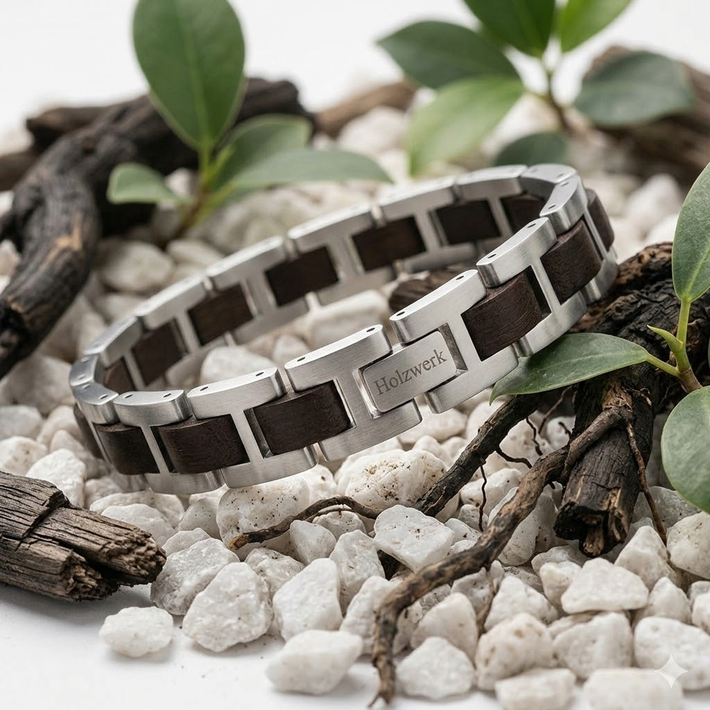 Holzwerk SCHLIERSEE silber-braunes Holz Armband aus Ebonyholz und Edelstahl mit Gliederkonstruktion, Lifestyle Foto