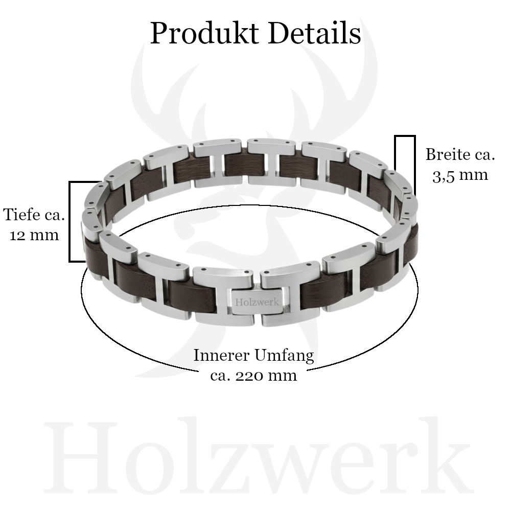 Holzwerk SCHLIERSEE silber-braunes Holz Armband aus Ebonyholz und Edelstahl mit Maßangaben