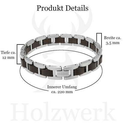 Holzwerk SCHLIERSEE silber-braunes Holz Armband aus Ebonyholz und Edelstahl mit Maßangaben