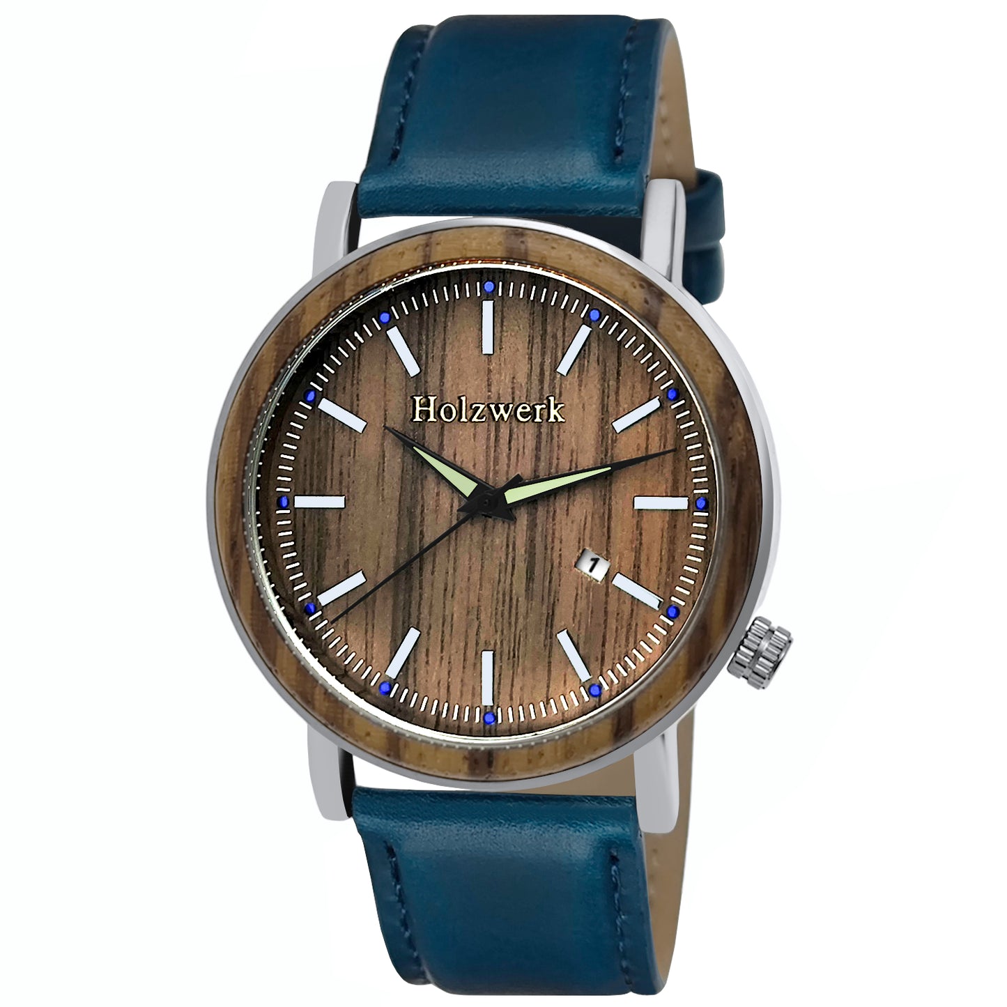 Holzwerk SEELZE Leder & Edelstahl Datum Holz Uhr, türkis blau, silber, Hauptbild