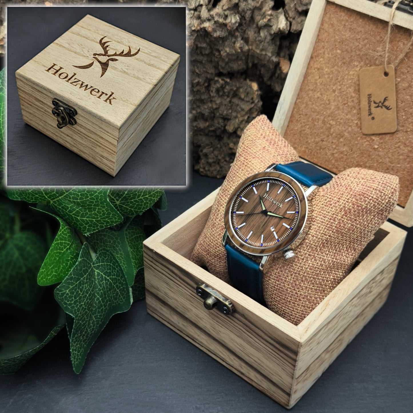 Holzwerk SEELZE Leder & Edelstahl Datum Holz Uhr, türkis blau, silber, Uhrenbox