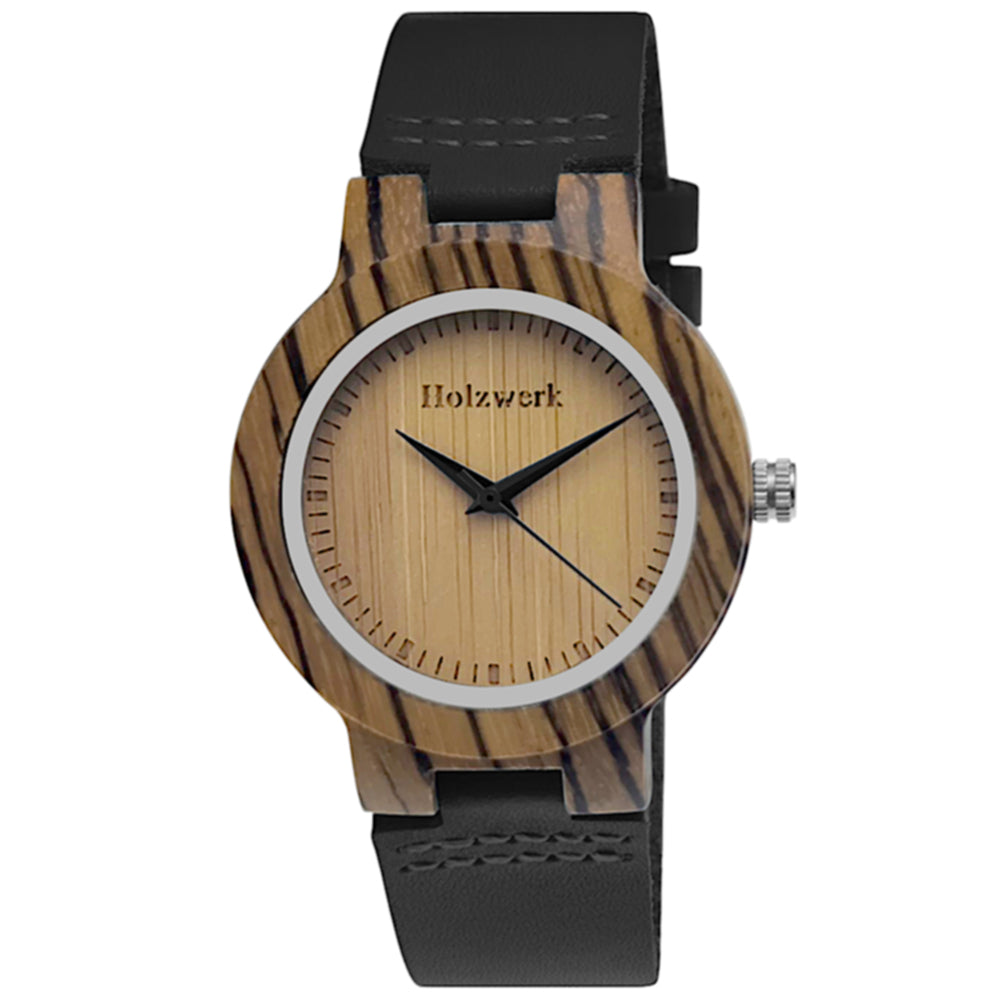 Holzwerk SINA BLACK Damenuhr aus Holz mit beigem Zifferblatt, schwarzem Lederarmband und analogem Quarzwerk, frontal