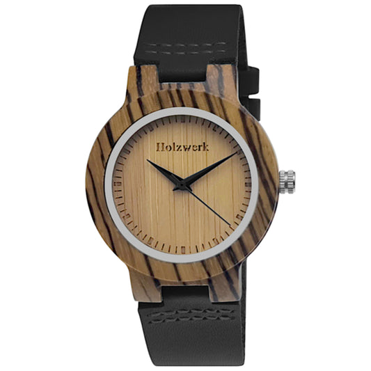 Holzwerk SINA BLACK Damenuhr aus Holz mit beigem Zifferblatt, schwarzem Lederarmband und analogem Quarzwerk, frontal