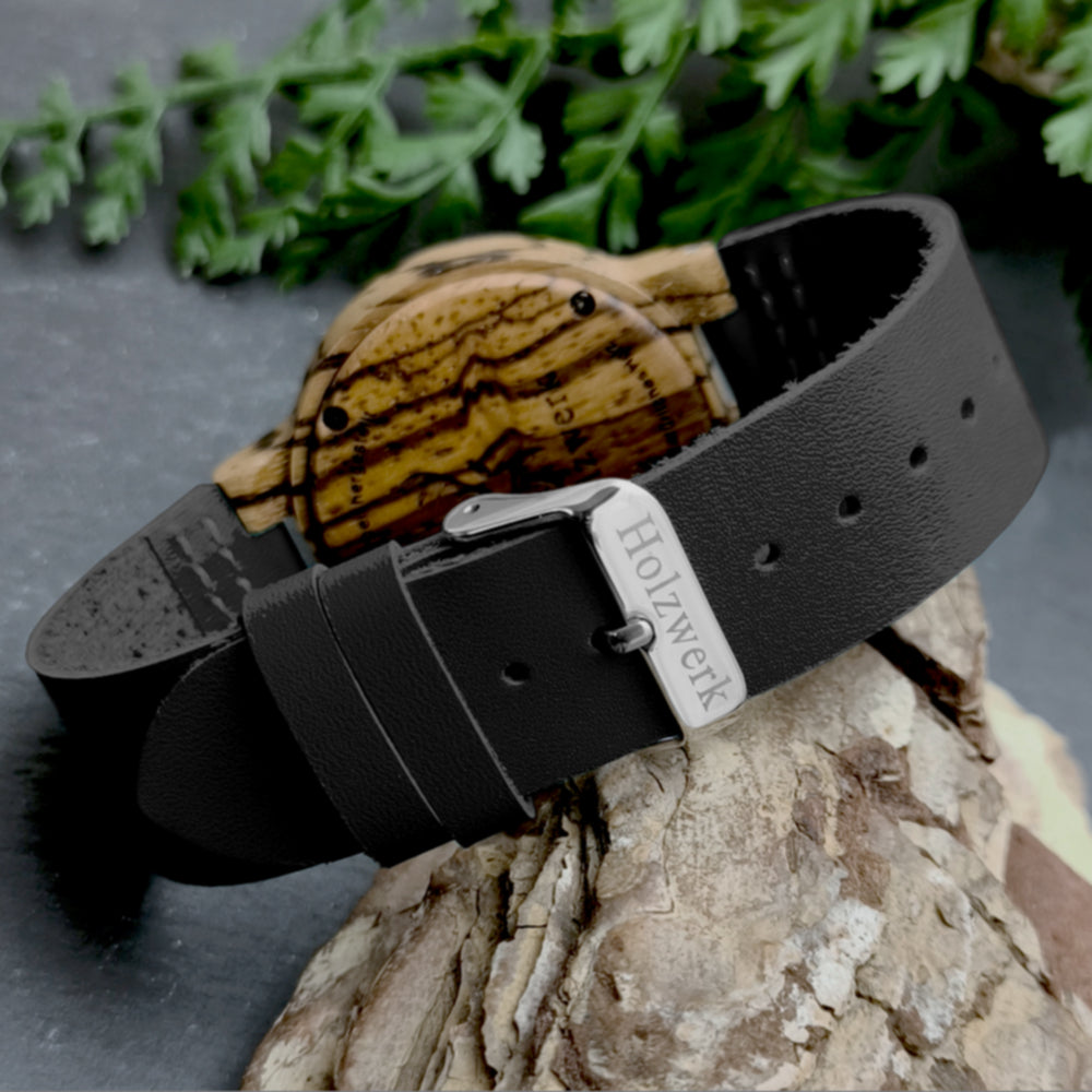 Holzwerk SINA BLACK Damen Quarzuhr aus Holz mit beigem Zifferblatt, schwarzem Lederarmband, Detailansicht des Lederarmbands