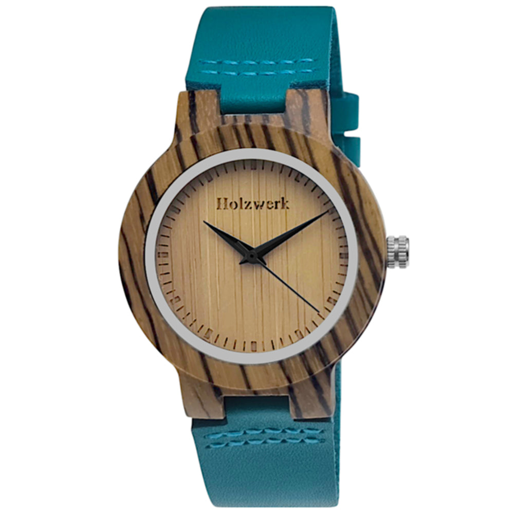 Holzwerk SINA BLUE Damenuhr aus Holz mit beigem Zifferblatt, blauem Lederarmband und analogem Quarzwerk, frontal