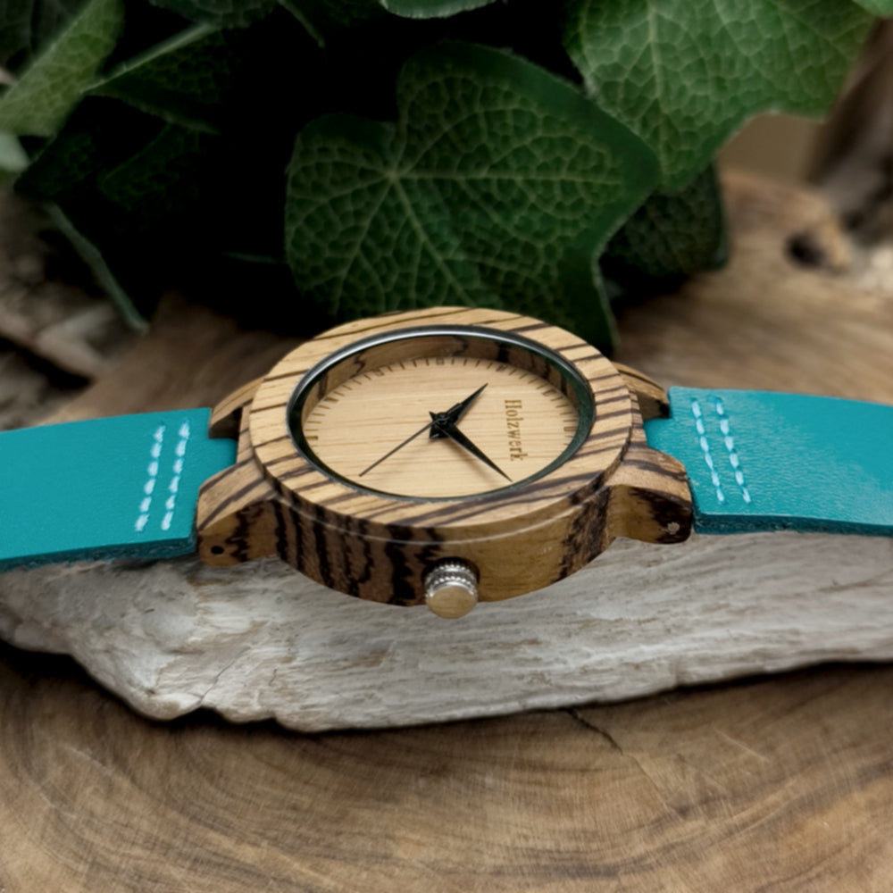 Holzwerk SINA BLUE Damen Quarzuhr aus Holz mit beigem Zifferblatt, blauem Lederarmband, Seitenansicht rechts
