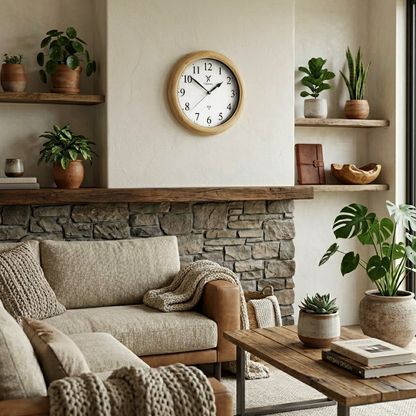 Holzwerk SONNEBERG (FUNK) 35 cm moderne Holz-Funk Wanduhr in Beige und Weiss aus Vollholz, Wandmontage im Wohnzimmer
