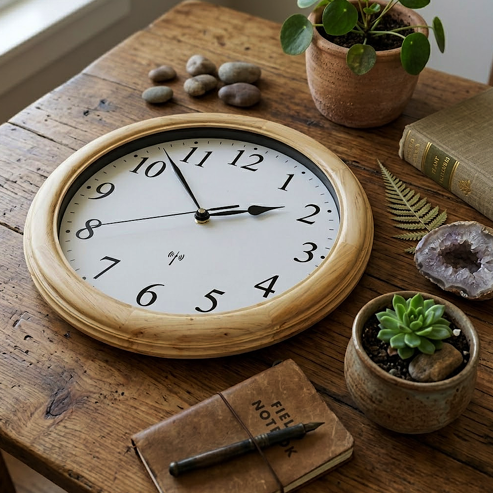 Holzwerk SONNEBERG (FUNK) 35 cm moderne Holz-Funk Wanduhr in Beige und Weiss aus Vollholz, auf dem Holztisch platziert