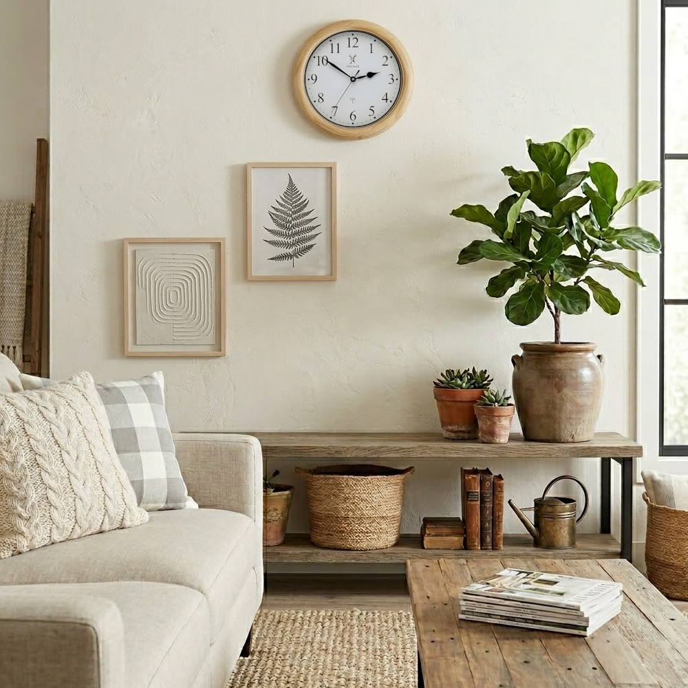 Holzwerk SONNEBERG (FUNK) 35 cm moderne Holz-Funk Wanduhr in Beige und Weiss aus Vollholz, Lifestyle Foto im Wohnbereich
