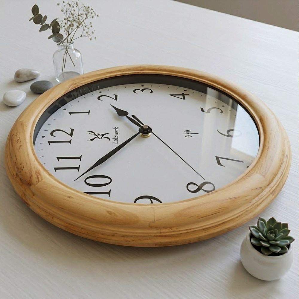 Holzwerk SONNEBERG (FUNK) 35 cm moderne Holz-Funk Wanduhr in Beige und Weiss aus Vollholz, Seitenansicht links