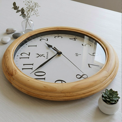 Holzwerk SONNEBERG (FUNK) 35 cm moderne Holz-Funk Wanduhr in Beige und Weiss aus Vollholz, Seitenansicht links