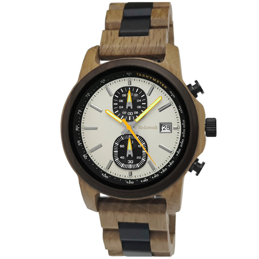 Holzwerk SUDERBURG Holz Uhr Chronograph mit Datum, beige, silber, gelb, Hauptbild