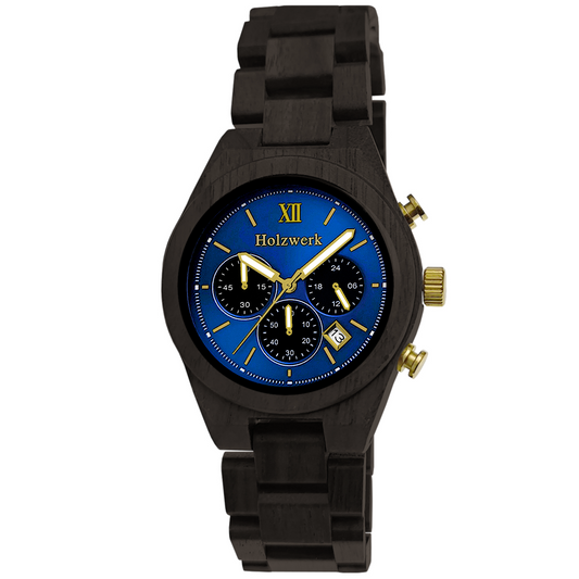 Holzwerk TORGAU Chronographen-Uhr aus Ebony-Holz mit Chronographen, Datumsanzeige und schwarzem Armband, frontal