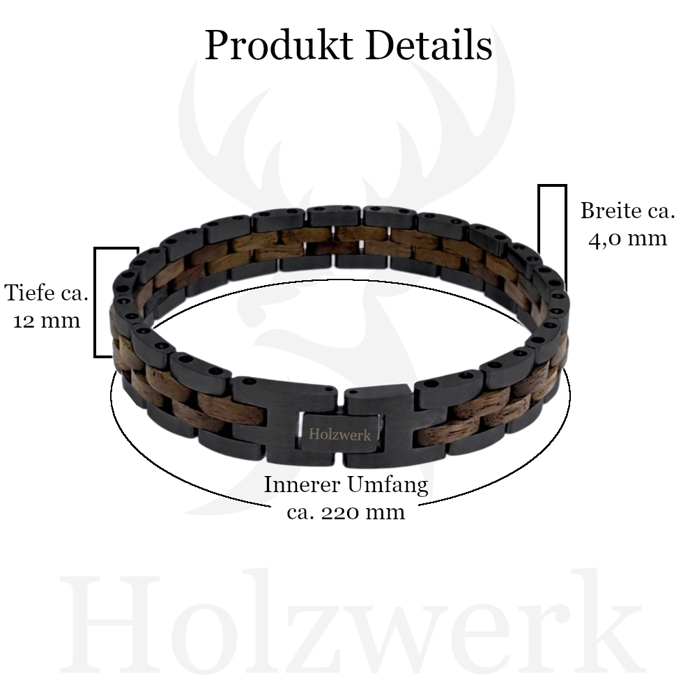 Holzwerk TREIBSEE schwarz-braunes  Holz Armband aus Walnussholz und Edelstahl mit Maßangaben