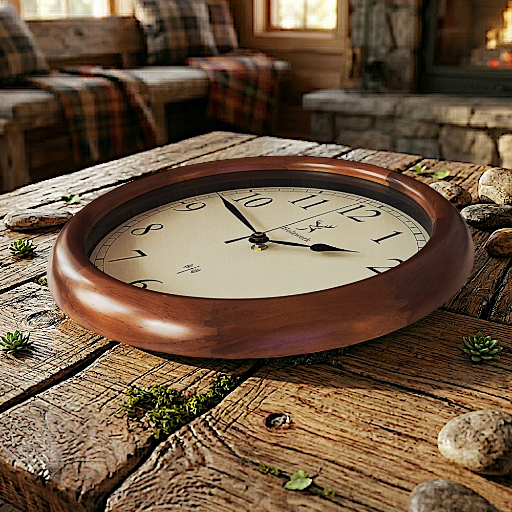 Holzwerk TRIBERG (FUNK) 35 cm robuste Holz-Funk Wanduhr aus Vollholz in beige und braun, Seitenansicht rechts