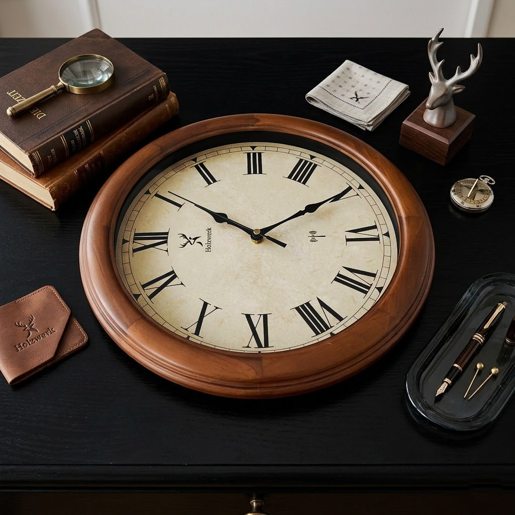 Holzwerk VELBURG (FUNK) 35 cm robuste Holz-Funk Wanduhr aus Vollholz in beige und braun mit römischen Ziffern, Seitenansicht links