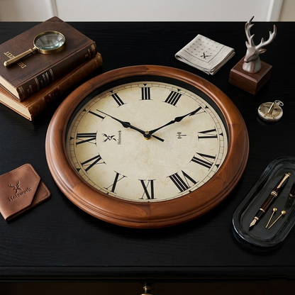 Holzwerk VELBURG (FUNK) 35 cm robuste Holz-Funk Wanduhr aus Vollholz in beige und braun mit römischen Ziffern, Seitenansicht links