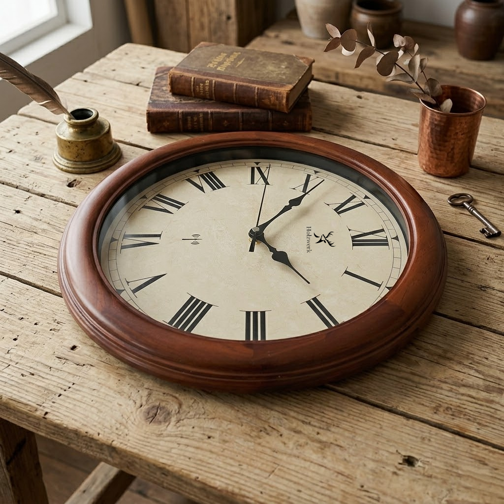 Holzwerk VELBURG (FUNK) 35 cm robuste Holz-Funk Wanduhr aus Vollholz in beige und braun mit römischen Ziffern, Seitenansicht rechts