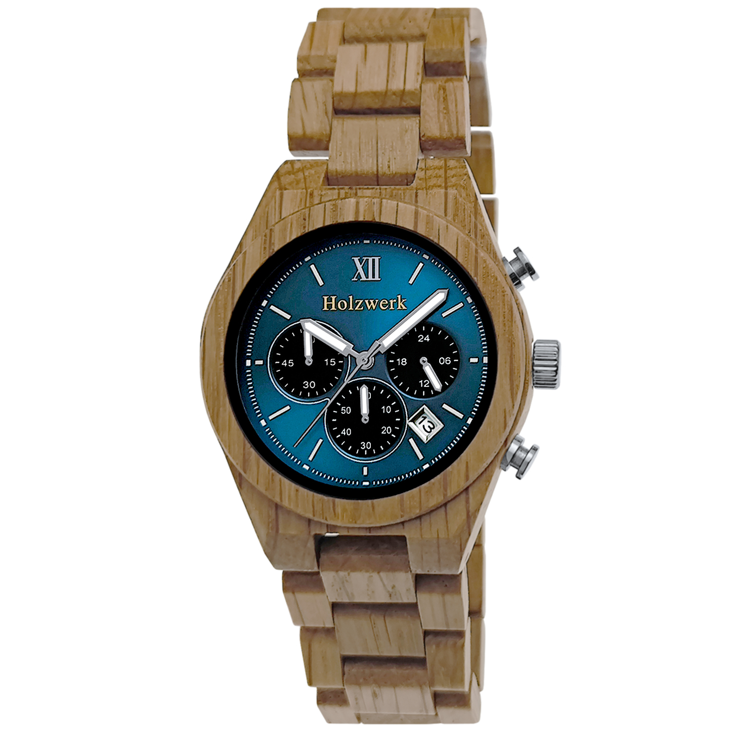 Holzwerk VERSMOLD Chronographen-Uhr aus Olivenholz mit drei Chronographen, Datumsanzeige und blau-silbernem Zifferblatt, Frontal