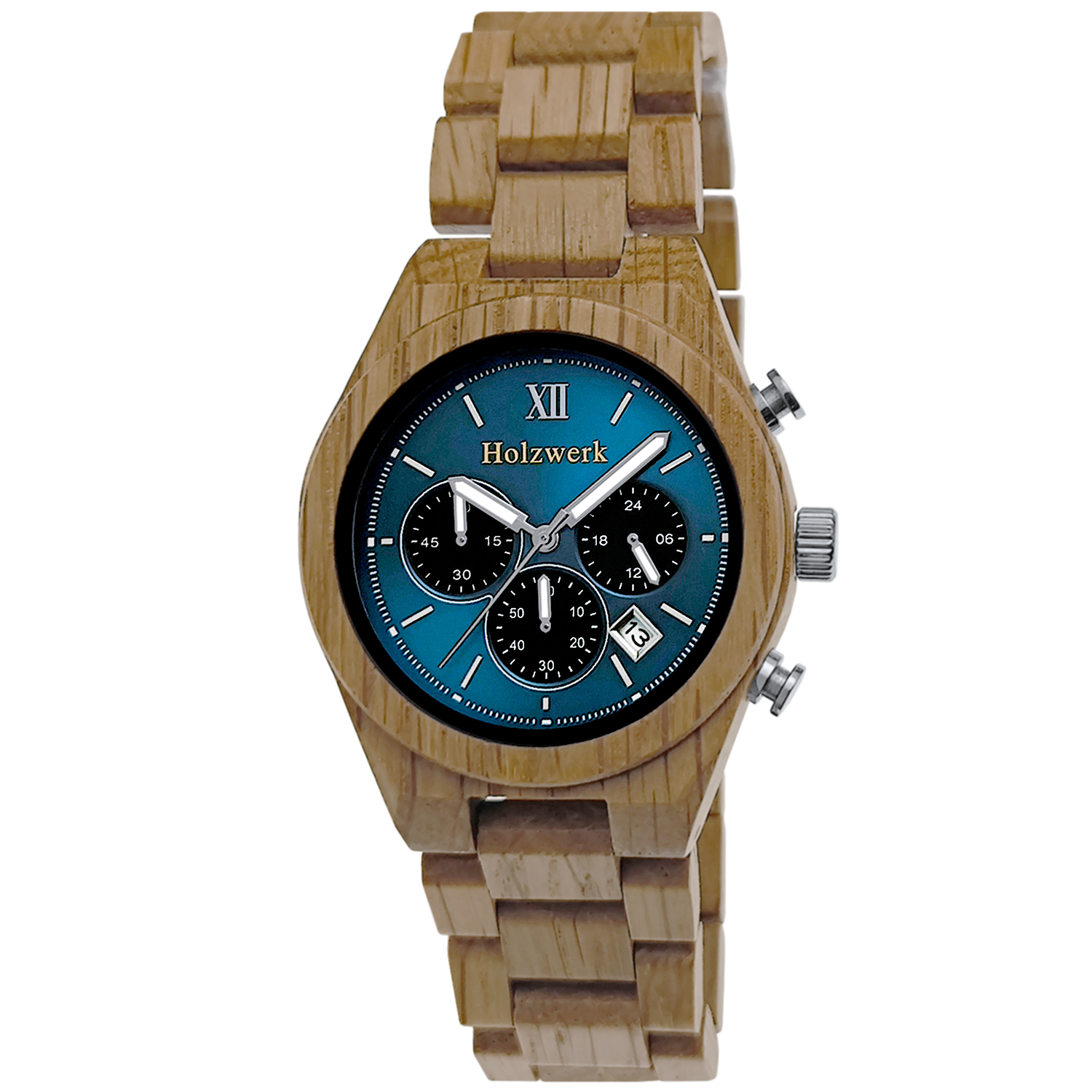 Holzwerk VERSMOLD Chronographen-Uhr aus Olivenholz mit drei Chronographen, Datumsanzeige und blau-silbernem Zifferblatt, Frontal