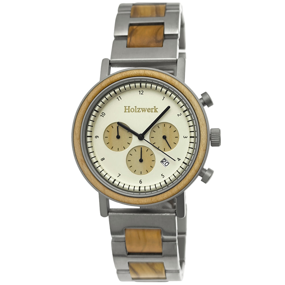 Holzwerk VIERSEN Holz Uhr Chronograph mit Datum in silber, beige, weiß