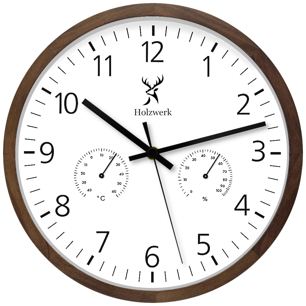 Holzwerk WEGBERG 30 cm moderne Holz Quarz Wanduhr mit weiß schwarzem Zifferblatt und integrierter Temperatur- und Luftfeuchtigkeitsanzeige, Frontal

