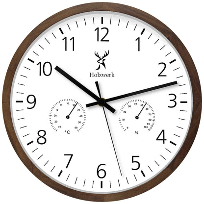 Holzwerk WEGBERG 30 cm moderne Holz Quarz Wanduhr mit weiß schwarzem Zifferblatt und integrierter Temperatur- und Luftfeuchtigkeitsanzeige, Frontal
