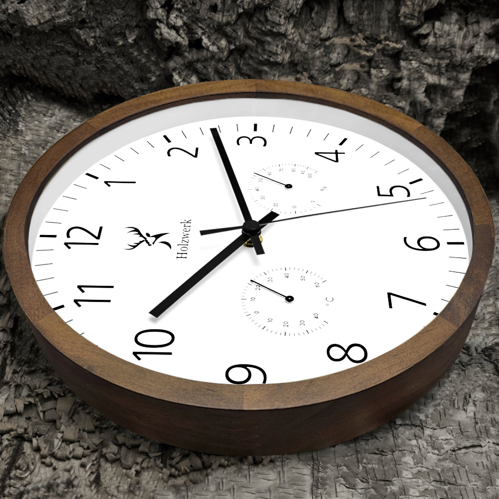 Holzwerk WEGBERG Designer Holz Quarz Wanduhr ohne Tick-Geräusche, 30 cm Durchmesser in braun weiß, Seitenansicht links

